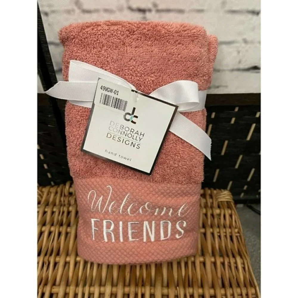 Deborah Connolly 2 Pk Pink Rose Embroidered Welcome Friends Script Hand Towels
